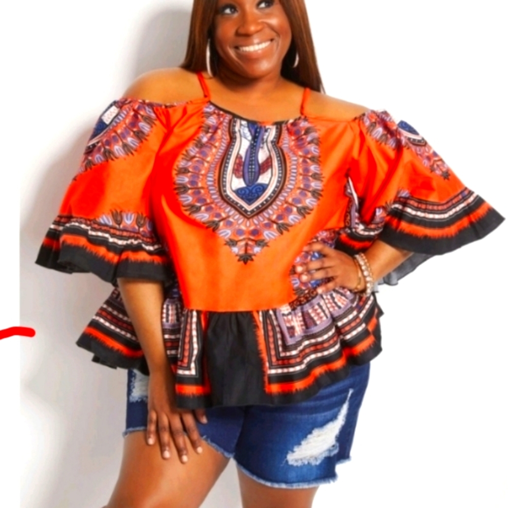 Ashley Stewart, sz 22/24, orange and blue print